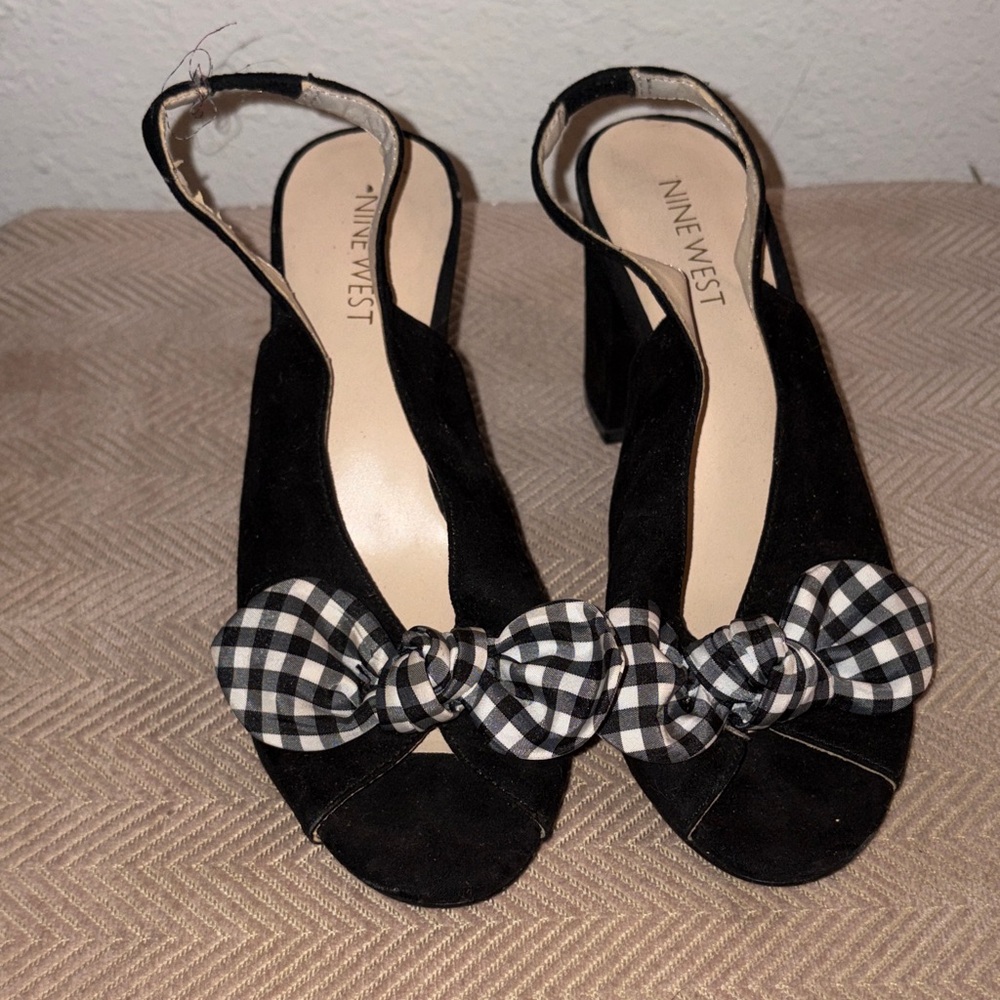 Nine West Black Checkered Bow Slingback Heels